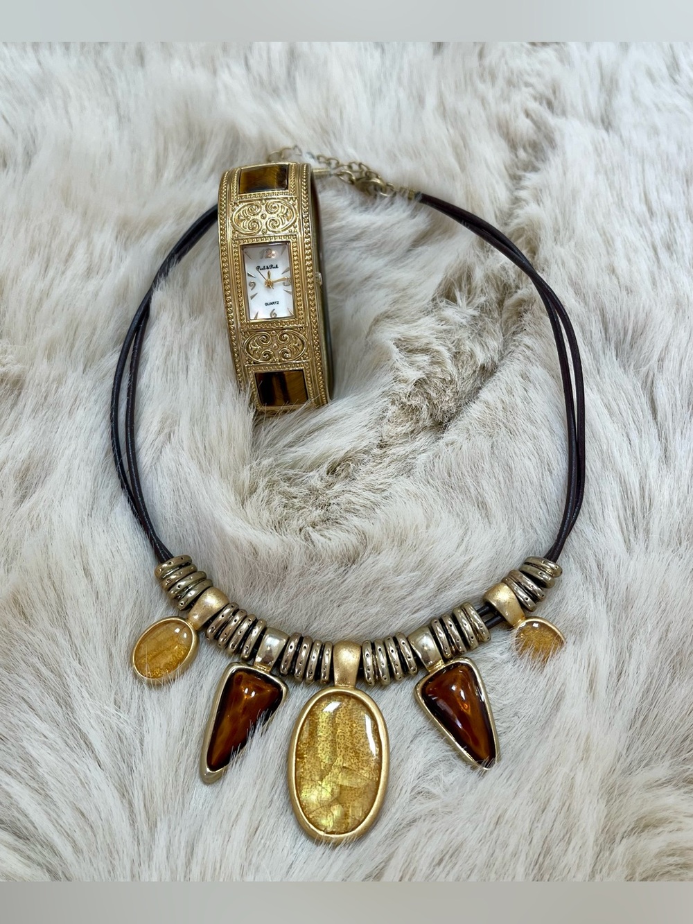 Murano Glass Necklace/Amber Accents with cuff style watch